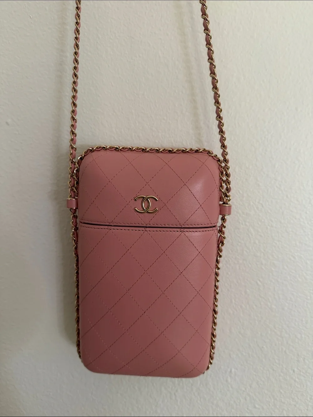 CHANEL Pink Quilted Crossbody Phone Pouch with Chain